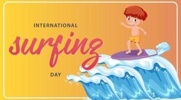 banner della giornata internazionale del surf con un personaggio dei cartoni animati di un ragazzo surfista boy vettore