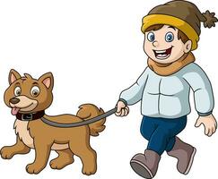 carino poco ragazzo cartone animato a piedi con cane vettore