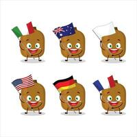 Kiwi cartone animato personaggio portare il bandiere di vario paesi vettore