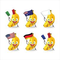 Banana cartone animato personaggio portare il bandiere di vario paesi vettore