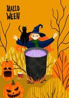 contento Halloween manifesto con strega cucinando pozione nel il calderone, jack-o-lantern, autunno foresta, nero gatto, gesso lettering vettore
