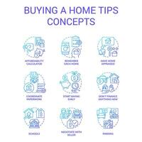 homebuying suggerimenti blu pendenza concetto icone impostare. acquistare nuovo Casa. vero tenuta Acquista processi idea magro linea colore illustrazioni. isolato simboli vettore