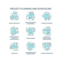 progetto pianificazione e programmazione turchese concetto icone impostare. attività commerciale miglioramento idea magro linea colore illustrazioni. isolato simboli. modificabile ictus vettore