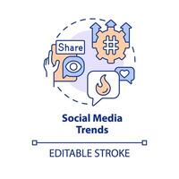 sociale media tendenze concetto icona. consumatore Fidanzamento. mercato ricerca. digitale marketing. tendenza analisi. Condividere soddisfare astratto idea magro linea illustrazione. isolato schema disegno. modificabile ictus vettore