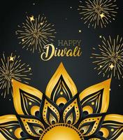 felice diwali con mandala d'oro e disegno vettoriale di fuochi d'artificio