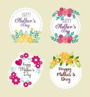 set di biglietti per la festa della mamma con decorazioni di fiori e foglie vettore