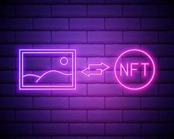 nft token non fungibile incandescente illustrazione vettoriale al neon. arte digitale concept.nft icona valuta isolata su un muro di mattoni