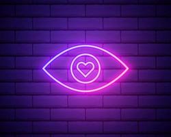 illustrazione al neon dell'occhio emoji innamorato. icona vettoriale di emoji innamorati dei cartoni animati con occhi a cuore in stile neon di contorno. emoticon incandescente isolata su un muro di mattoni