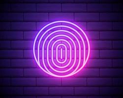 icona di impronte digitali al neon incandescente isolata su sfondo di muro di mattoni. icona dell'app di identificazione. segno identificativo. tocco id. illustrazione vettoriale. vettore