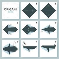 orca origami schema lezione in movimento modello. origami per bambini. passo di passo Come per rendere un' carino origami uccisore balena. vettore illustrazione.
