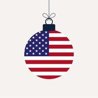 palla di natale capodanno con bandiera usa. biglietto di auguri illustrazione vettoriale. buon natale palla con bandiera isolato su sfondo bianco vettore