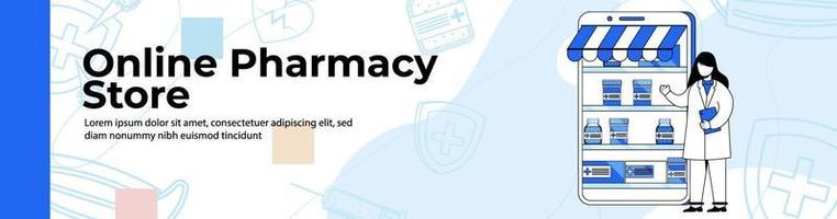 banner web design banner intestazione o piè di pagina del negozio di farmacia online. vettore