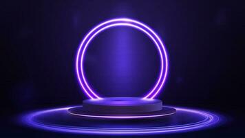 vuoto viola podio galleggiante nel il aria con viola neon anelli su sfondo e ologramma di digitale anelli su un' pavimento vettore