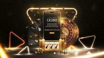 in linea casinò, bandiera con smartphone con oro neon triangolo telaio, fessura macchina, roulette, patatine fritte, giocando carte e oro neon triangoli in giro vettore