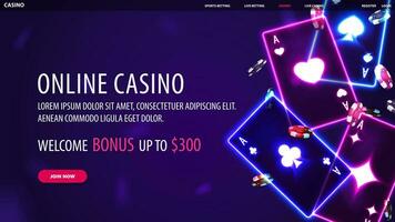 in linea casinò, bandiera per sito web con offerta, neon casinò giocando carte e poker patatine fritte su blu sfondo vettore