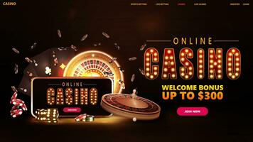 in linea casinò, bandiera per sito web con interfaccia elementi, titolo con oro lampada lampadine, smartphone, neon roulette, carte e poker patatine fritte vettore