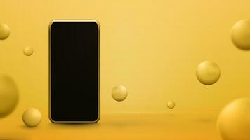 smartphone modello nel giallo astratto scena con rimbalzo sfere. 3d rendere illustrazione con giallo astratto camera con Telefono e 3d giallo sfere vettore
