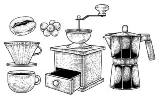 schizzo vettoriale set di strumenti per caffettiera. chicco di caffè, frutti di bosco, gocciolatore, una tazza, macinacaffè manuale e illustrazione disegnata a mano di caffettiera o moka