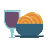 ristorante cibo e cucina spaghetti su una ciotola e bicchiere con vino icona cartoni animati illustrazione vettoriale graphic design