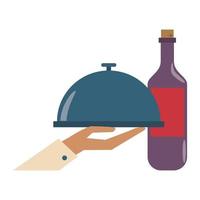 cibo e cucina del ristorante mano che tiene un vassoio di cibo e un bicchiere con icona di vino cartoni animati illustrazione vettoriale graphic design