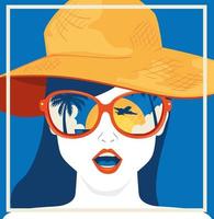 poster di viaggio e volto di donna con cappello estate femminile vettore