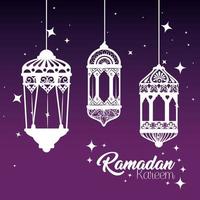 poster di ramadan kareem con lanterne appese vettore