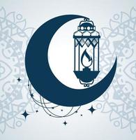 poster di ramadan kareem con lanterna e luna appesa vettore