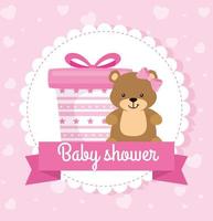 biglietto per baby shower con confezione regalo e orsacchiotto vettore