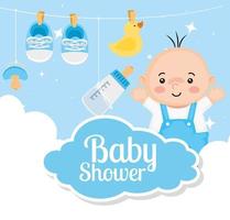 biglietto per baby shower con bambino e decorazione vettore