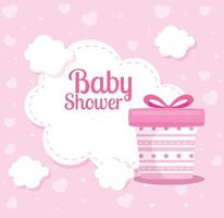 biglietto per baby shower con confezione regalo e nuvole vettore