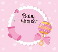 biglietto per baby shower con calzino e decorazione vettore