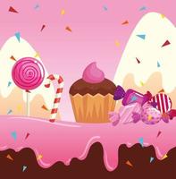 Candy Land con cupcake e caramelle vettore