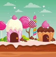 Candy Land con case cupcake e caramelle vettore