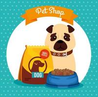 negozio di animali veterinario con cagnolino con cibo per piatti vettore