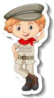 un modello di adesivo con un ragazzo vestito da safari personaggio dei cartoni animati vettore
