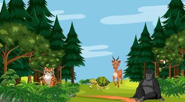 scena della foresta con diversi animali selvatici vettore