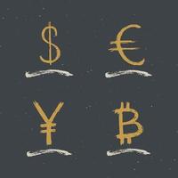 dollaro, euro, yen e bitcoin segno icona pennello lettering, simboli calligrafici grunge, illustrazione vettoriale