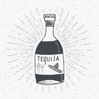 etichetta vintage, bottiglia disegnata a mano di tequila schizzo di bevanda alcolica tradizionale messicana, distintivo retrò con texture grunge, disegno dell'emblema, stampa t-shirt tipografica, illustrazione vettoriale