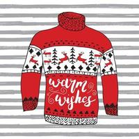 stagione invernale lettering auguri calorosi sullo schizzo caldo maglione renna disegnato a mano. illustrazione vettoriale. vettore