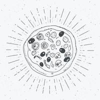 etichetta vintage pizza, schizzo disegnato a mano, distintivo retrò con texture grunge, stampa t-shirt design tipografico, illustrazione vettoriale