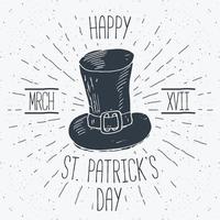 etichetta vintage, cappello da leprechaun disegnato a mano, biglietto di auguri felice giorno di San Patrizio, distintivo retrò con texture grunge, illustrazione vettoriale di design tipografico.