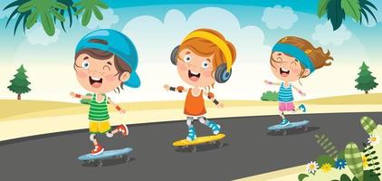 bambino felice che fa skateboard fuori vettore