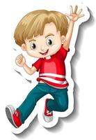 un modello di adesivo con un ragazzo che indossa un personaggio dei cartoni animati con una maglietta rossa vettore