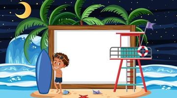 bambini in vacanza estiva in spiaggia scena notturna con un modello di banner vuoto vettore