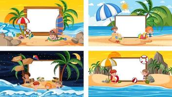 set di diverse scene di spiaggia tropicale con banner bianco vettore