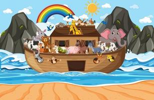 l'arca di Noè con animali nella scena dell'oceano vettore