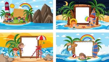 set di diverse scene di spiaggia tropicale con banner bianco vettore