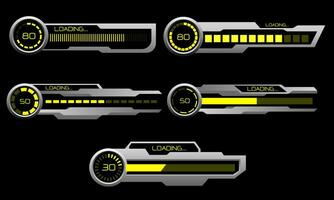 impostato di hud moderno Caricamento in corso progresso barre utente interfaccia elementi design tecnologia informatica giallo grigio metallico nero futuristico vettore