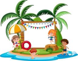 modello di banner vuoto con carattere di bambini in vacanza estiva in spiaggia su sfondo bianco vettore