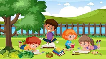 scena con molti bambini che leggono un libro nel parco vettore